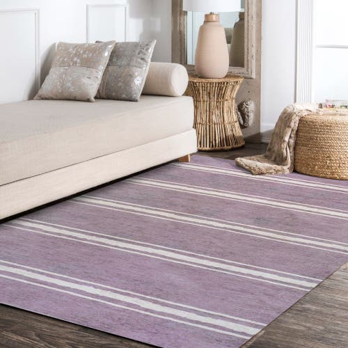 Shop Jonathan Y Bande Distressed Ticking Stripe Machine-washable Area Rug In Lavender/ivory