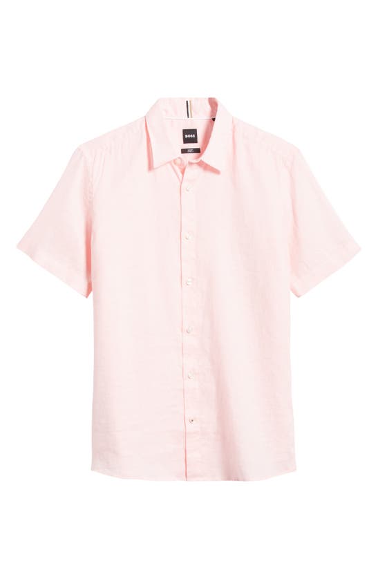 Shop Hugo Boss Boss Liam Slim Fit Solid Short Sleeve Linen Blend Button-up Shirt In Open Pink