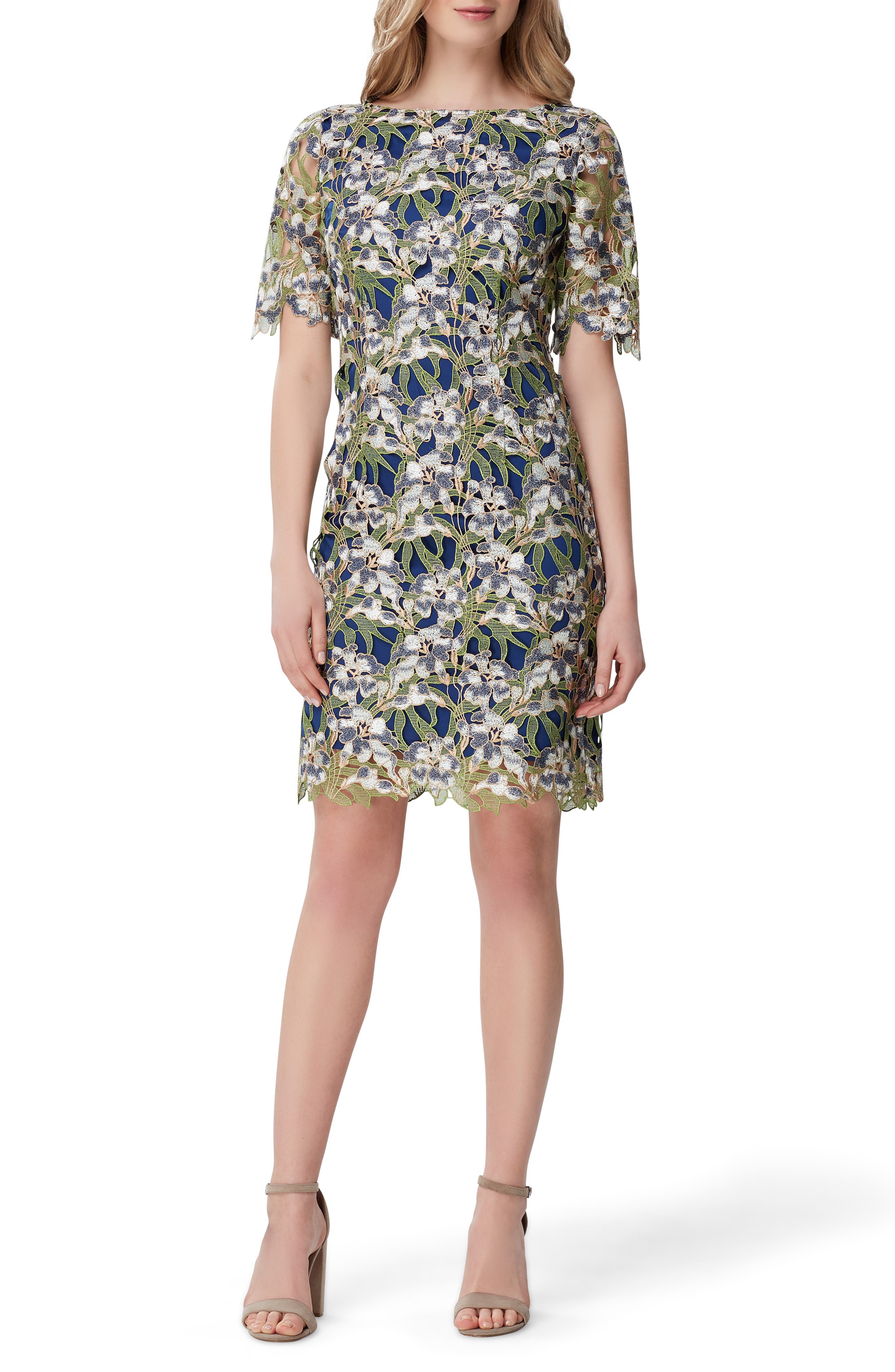 Petite Tahari Embellished Lace Sheath Dress, Blue/green