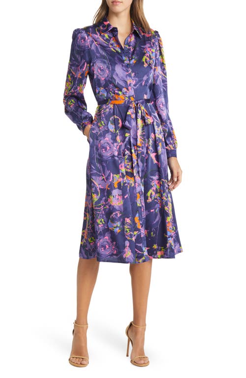 Chi Chi London Neon Floral Long Sleeve Tie Waist Shirtdress in Navy