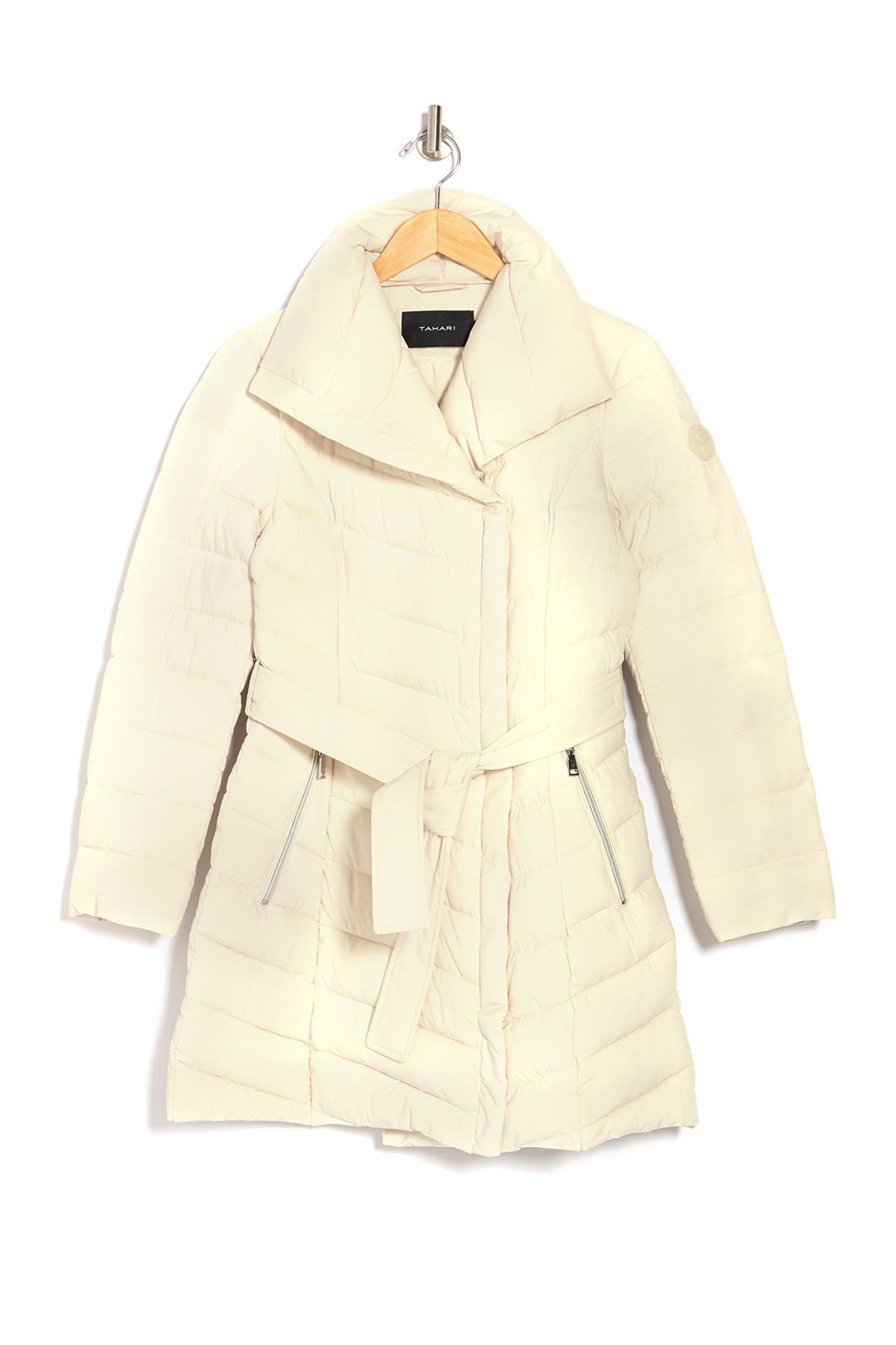 tahari asymmetrical puffer coat