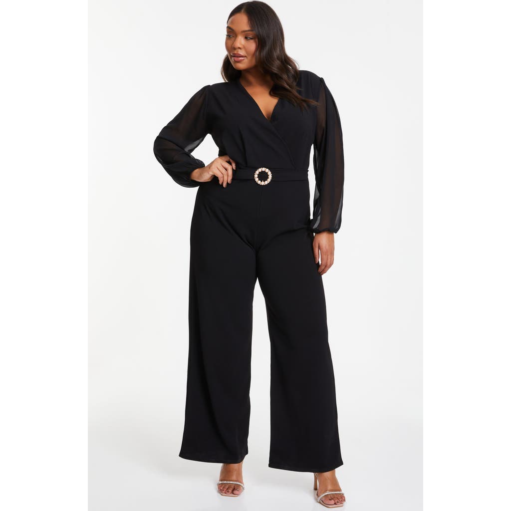 Quiz Plus Size Buckle Detail Chiffon Sleeve Palazzo Jumpsuit In Black