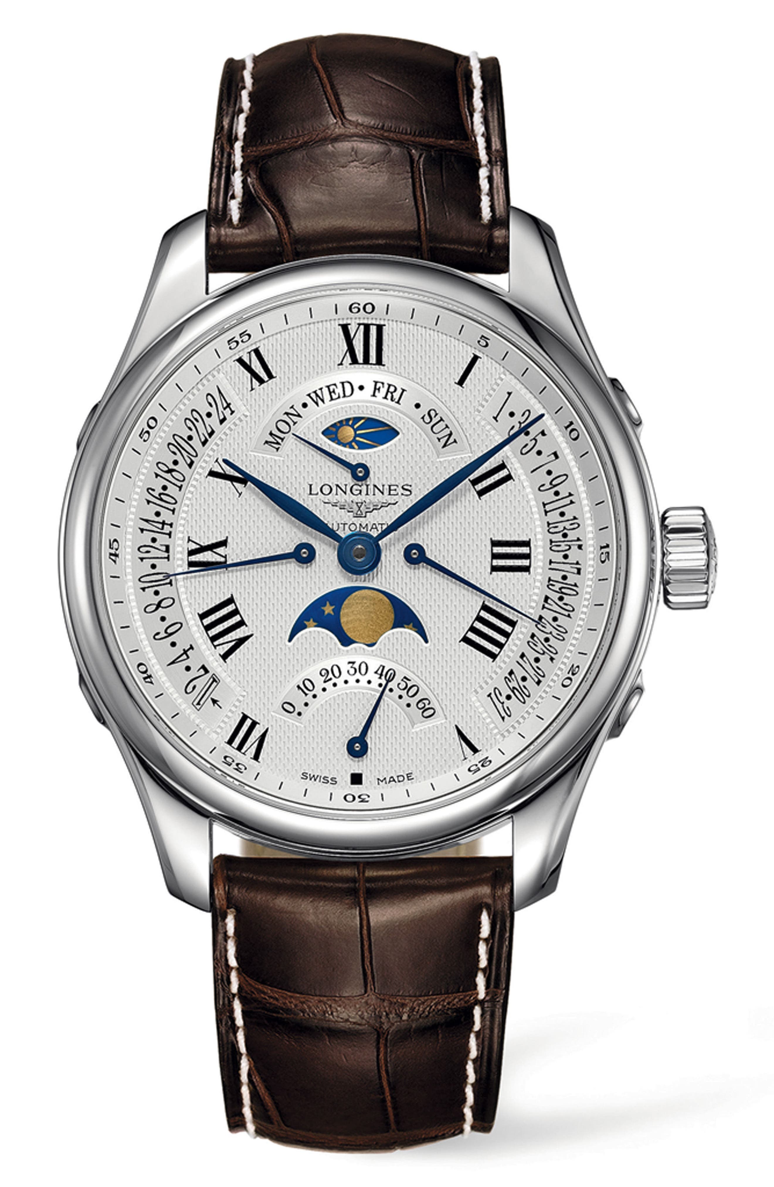 Longines Master Automatic Multifunction Leather Strap Watch, 44mm