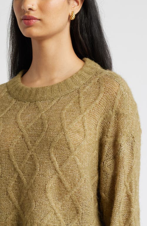 Shop Open Edit Airy Crop Cable Sweater In Olive Brine