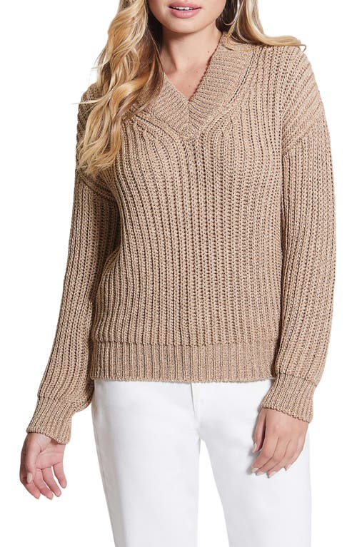 GUESS Lise Sparkle Cutout V-Neck Sweater in Dirty Chai Lurex Multi