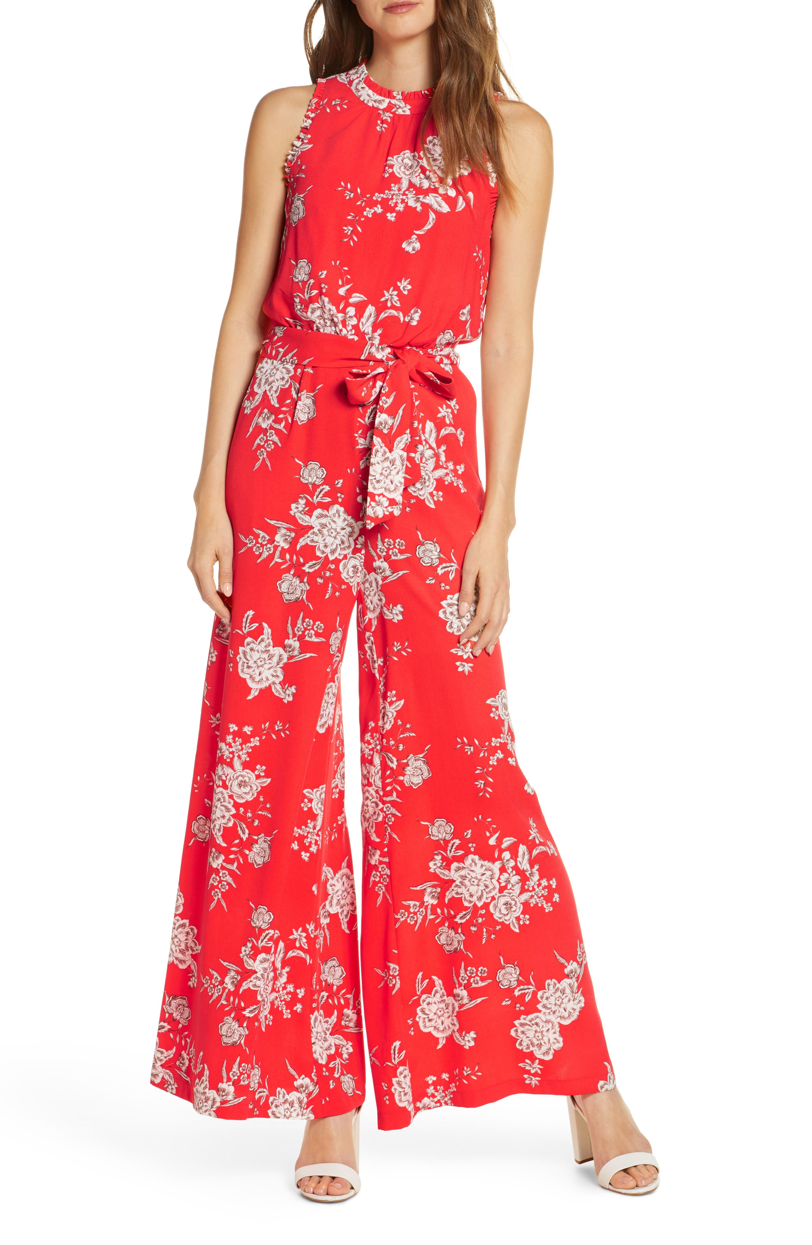 vince camuto floral detail chiffon jumpsuit