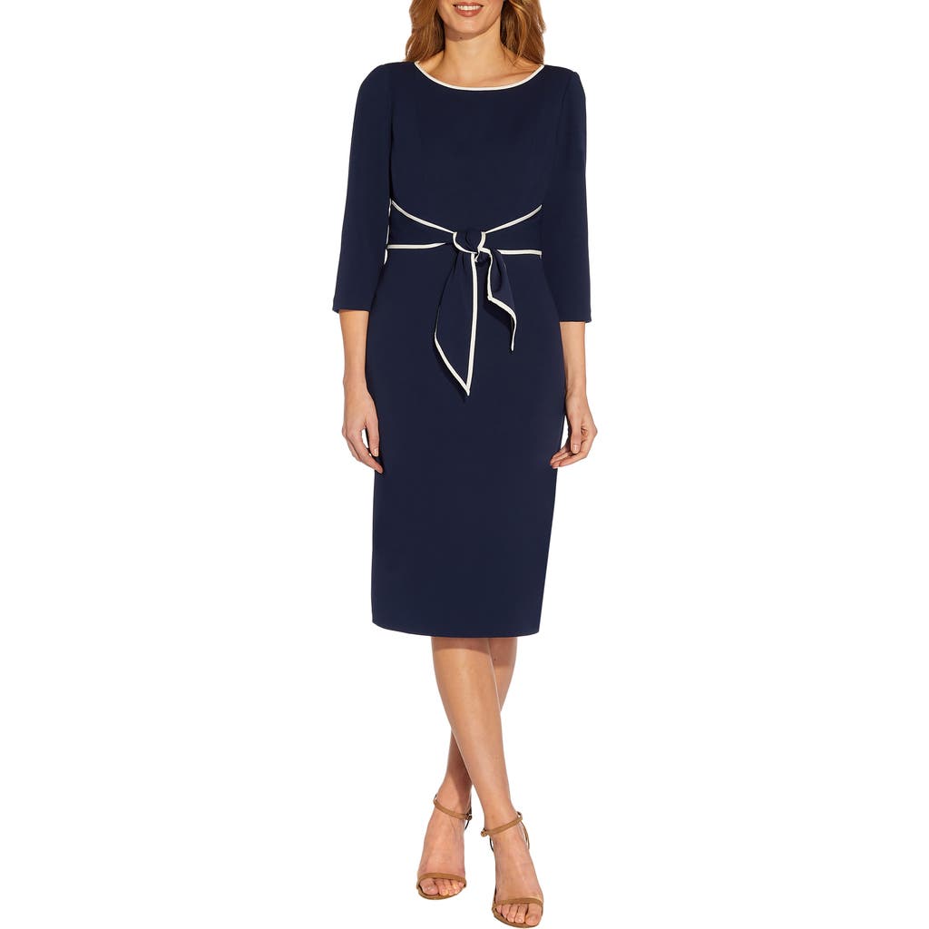 Adrianna Papell Tipped Three-quarter Sleeve Crepe Dress In Blue