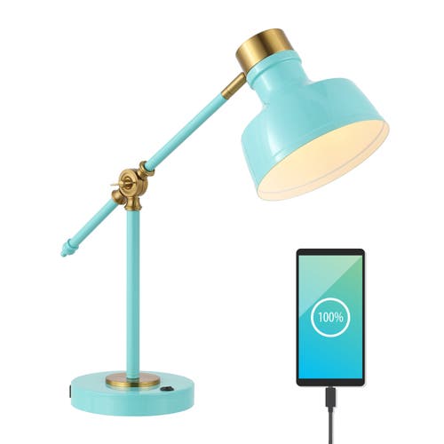Jonathan Y Allegra Classic Farmhouse Adjustable Cantilever Led Task Lamp With Usb Charging Port In Cyan/brass Gold