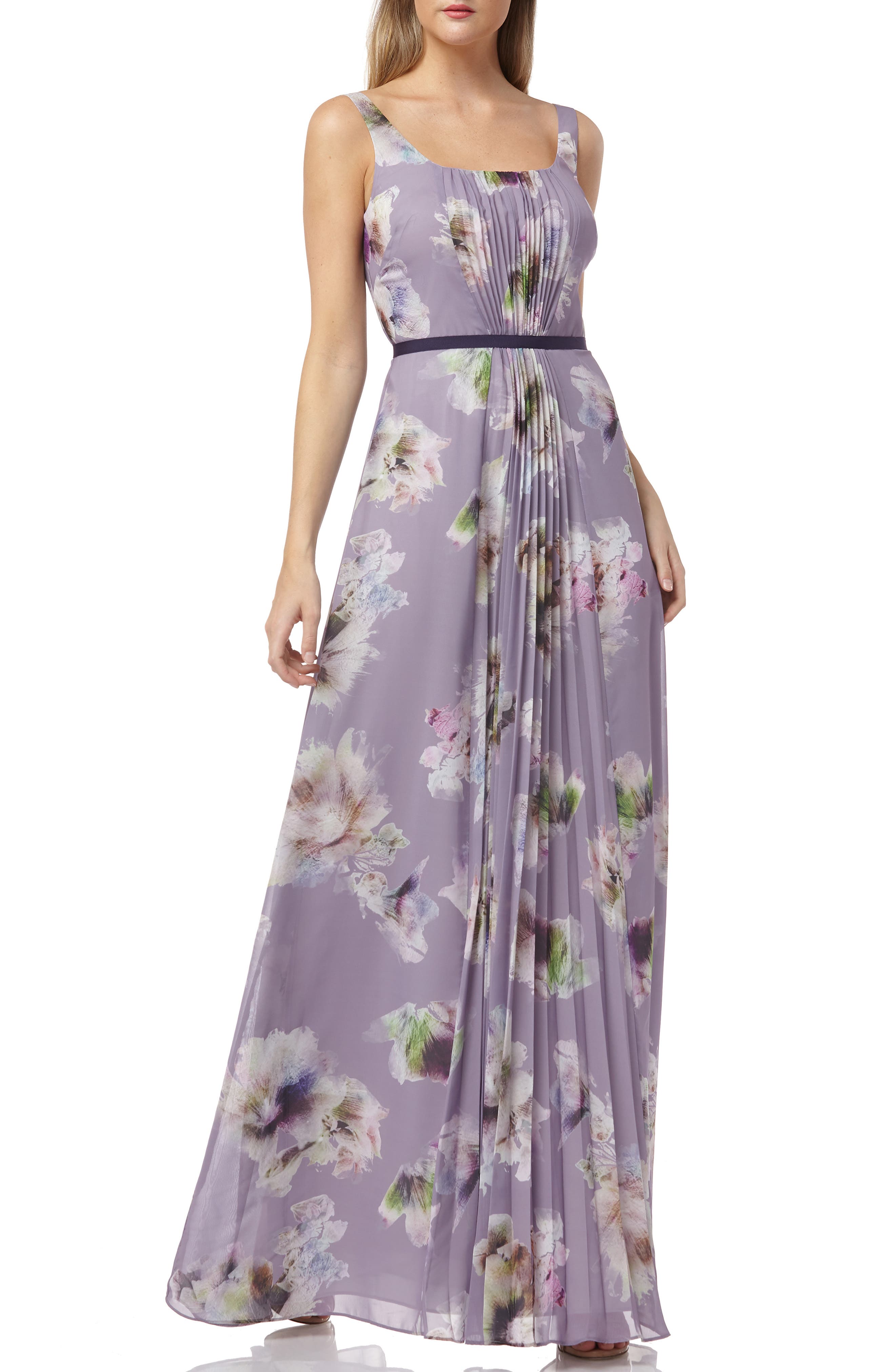 Kay Unger Floral Print Pleated Chiffon Evening Dress, Purple