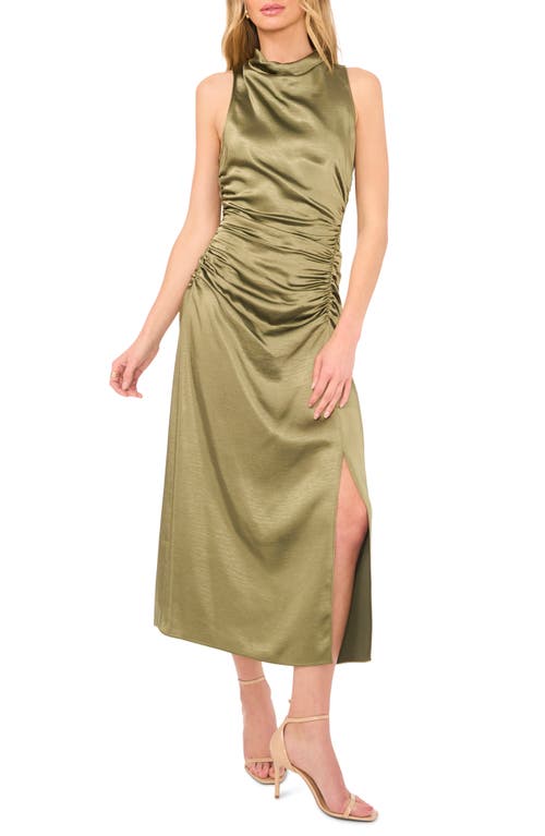 The Ayla Ruched Satin Midi Dress in Chive Green