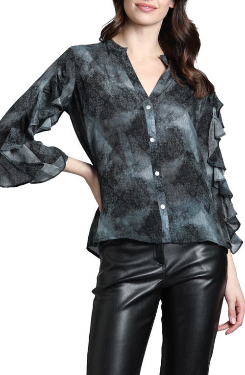 Apny Mixed Print Ruffle Sleeve Button-up Shirt In Black Multi