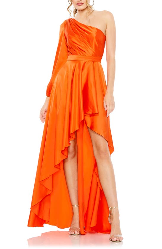 Ieena For Mac Duggal One-shoulder Long Sleeve Satin High/low Gown In Orange
