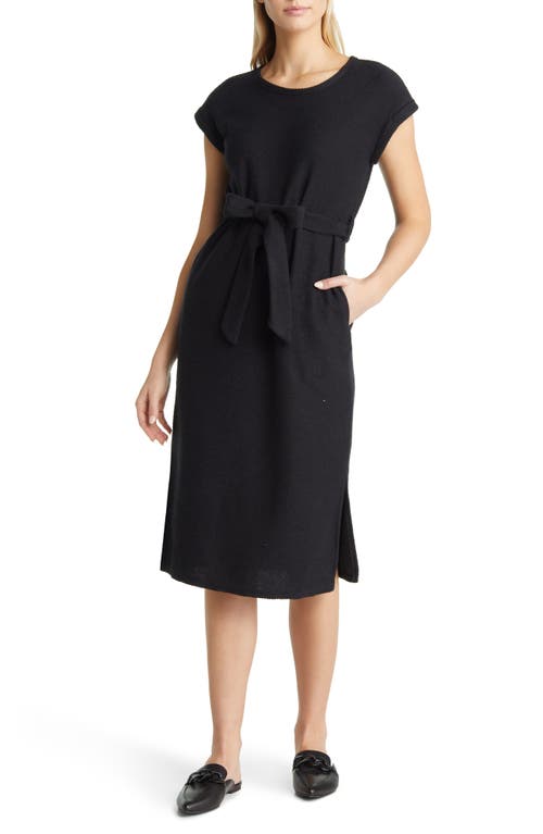 caslon(r) Textured Knit Tie Waist Cotton Blend Midi Dress in Black