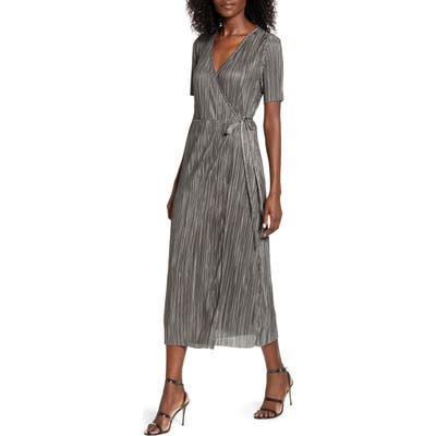 All In Favor Metallic Pleated Short Sleeve Wrap Midi Dress, Grey