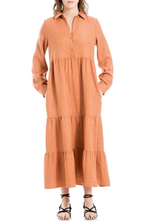 Tiered Long Sleeve Gauze Shirtdress