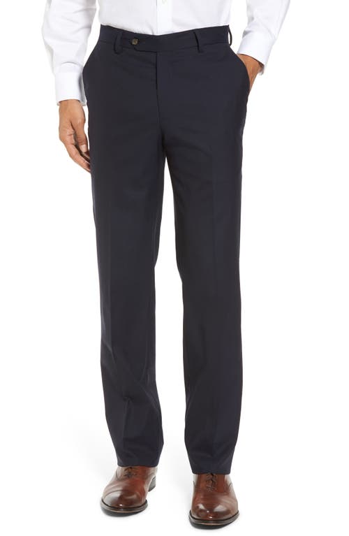 Berle Flat Front Stretch Solid Wool Trousers in Navy