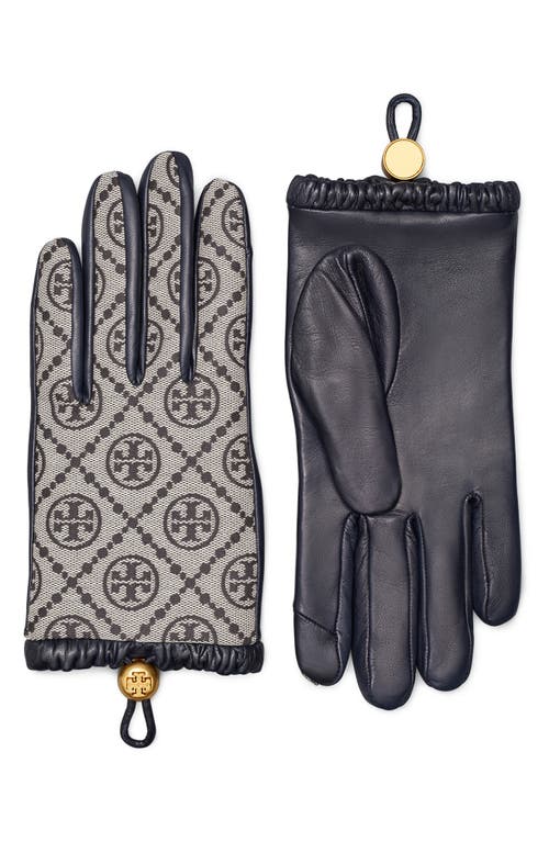 T Monogram Jacquard & Leather Gloves in Tory Navy