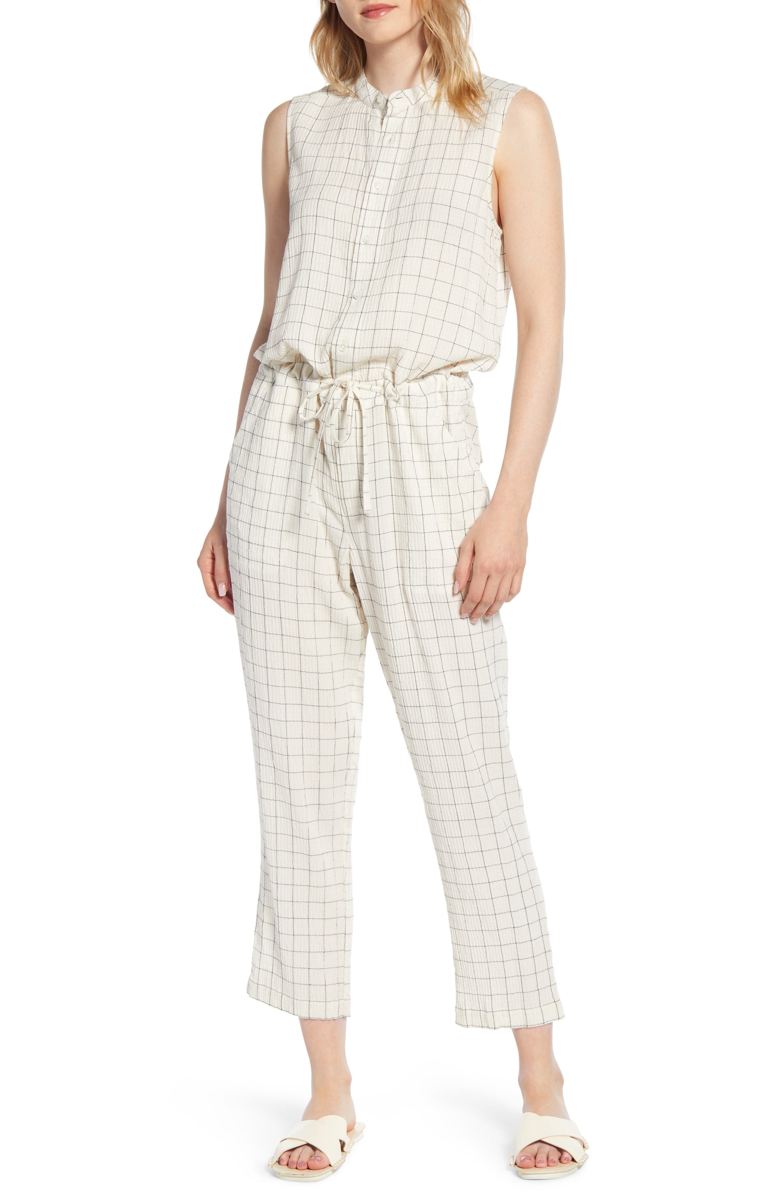 Lou & Grey Crinkled Plaid Sleeveless Jumpsuit, White