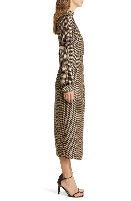 Zoe And Claire Squiggle Line Long Sleeve Mock Neck Midi Dress In Taupe/black
