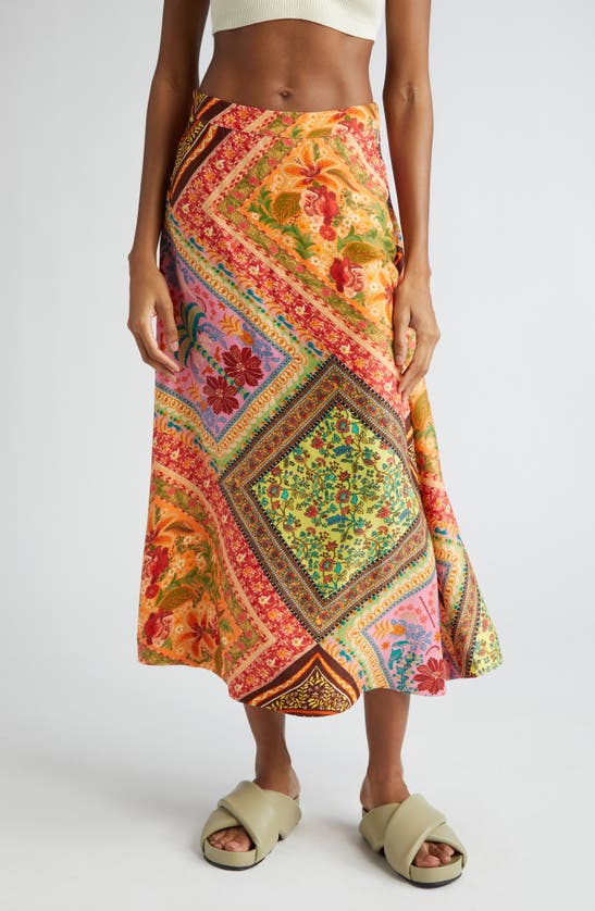 Shop Farm Rio Mixed Scarf Print A-line Midi Skirt In Mixed Scarves Multicolor