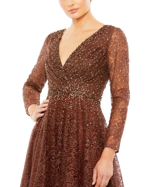 Mac Duggal Floral Embellished Illusion Long Sleeve A-line Gown In Chocolate