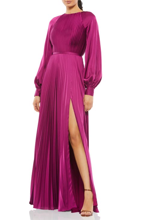 Pleated Long Sleeve Satin A-Line Gown