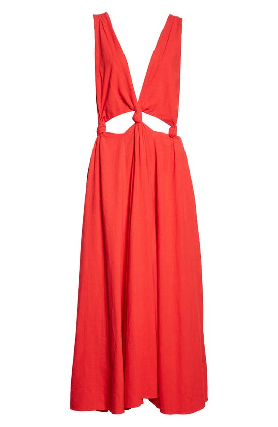 farm rio knotted cut-out midi dress Farm Rio Knotted Cut-out Linen-blend Midi-dress In Red