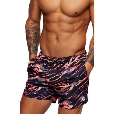 Topman Animal Print Swim Trunks, Black