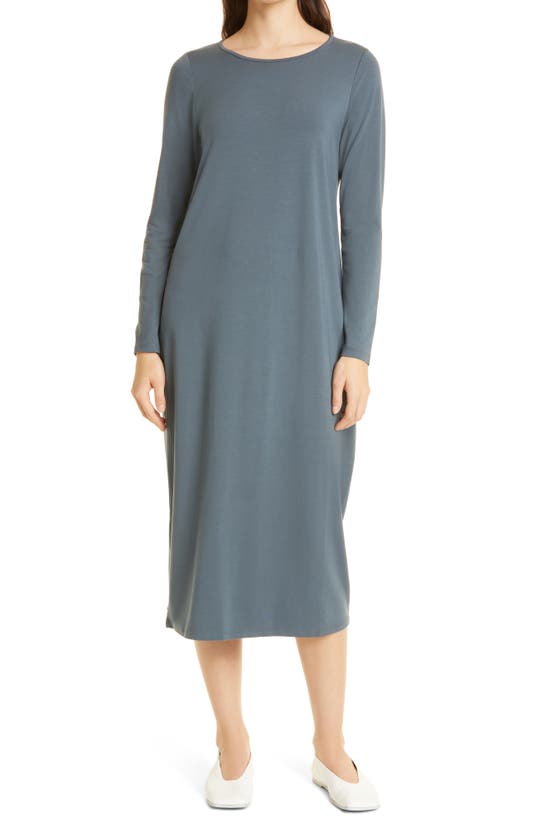 Eileen Fisher Jewel Neck Long Sleeve Jersey Shift Dress In Eucalyptus