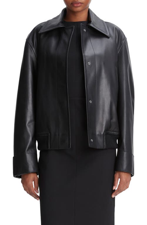 Padded Leather Bomber Jacket in Black