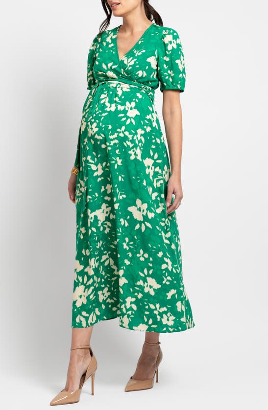 Shop Seraphine Floral Tie Waist Maternity/nursing Midi Dress In Green Print