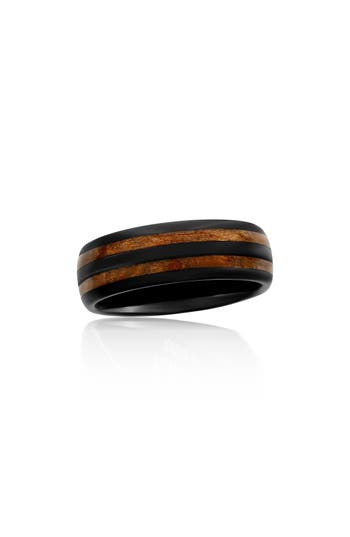 Blackjack Wood & Black Tungsten Band Ring In Brown