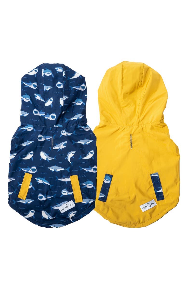 LUCY & CO. The Shark Attack Reversible Dog Raincoat, Main, color, NAVY