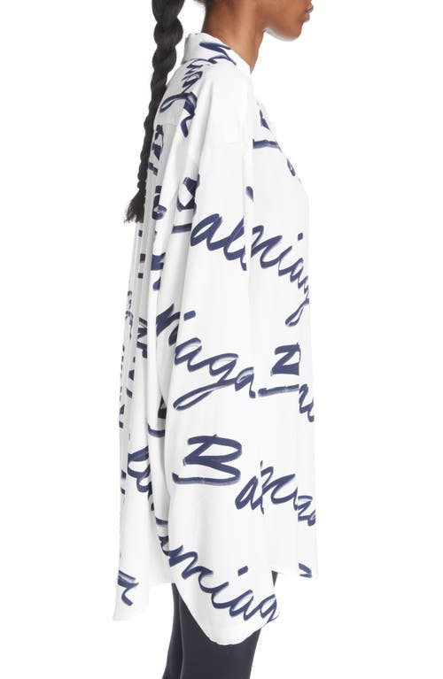 Shop Balenciaga Brushstroke Logo Long Sleeve Button-up Shirt In White/navy