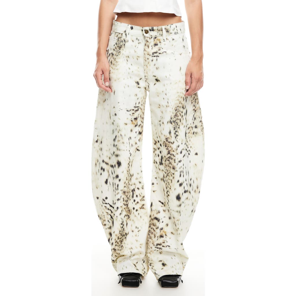 Lioness Horseshoe Print Barrel Leg Jeans In Snow Leopard