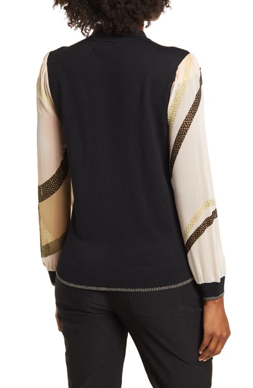 Shop By Design Leila Mock Neck Chiffon Sleeve Sweater In Black W/coral Flow