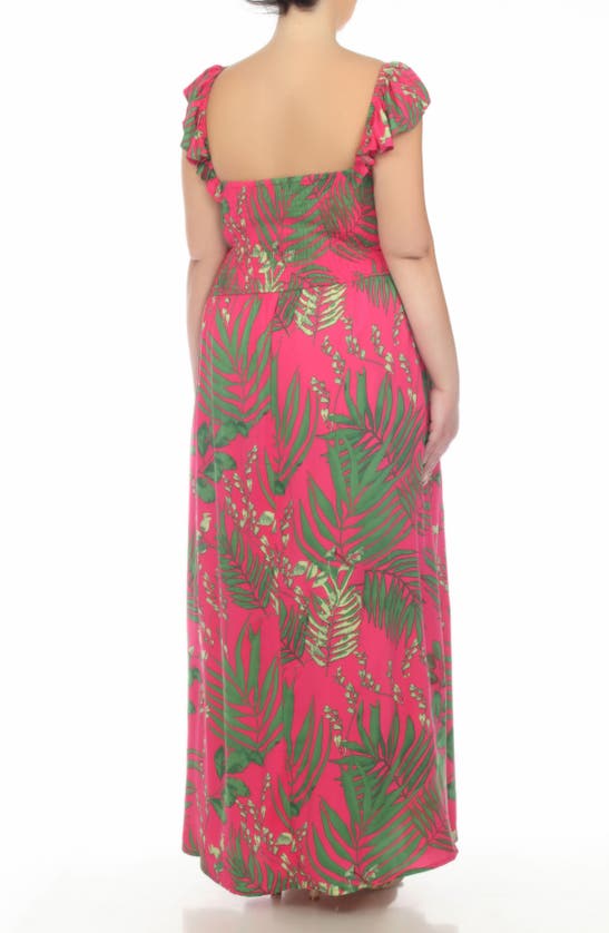 Shop Boho Me Smocked Flutter Sleeve Maxi Dress In Hot Pink / Green