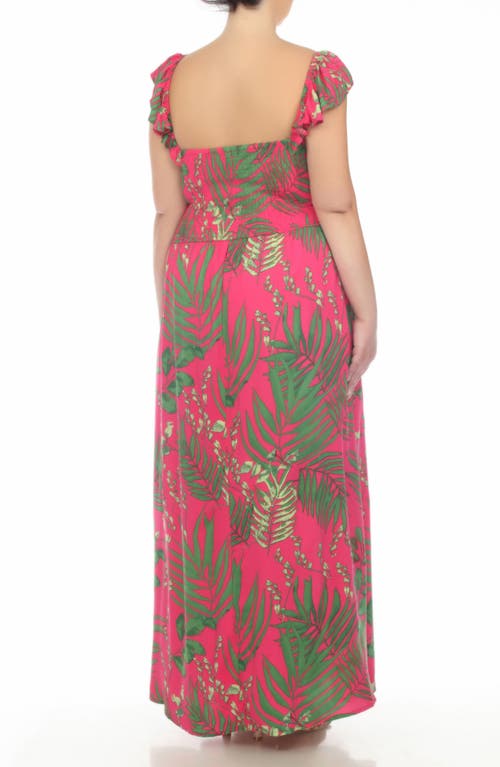 Shop Boho Me Smocked Flutter Sleeve Maxi Dress In Hot Pink/green