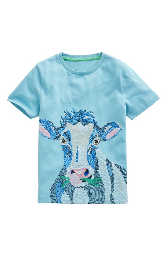 Shop Mini Boden Kids' Cow Embroidered Cotton T-shirt In Dephinium Blue Cow