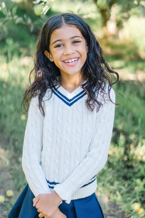 Shop Hope & Henry Girls' Ruffle Cuff Cricket Sweater, Kids In Soft White Cable With Navy