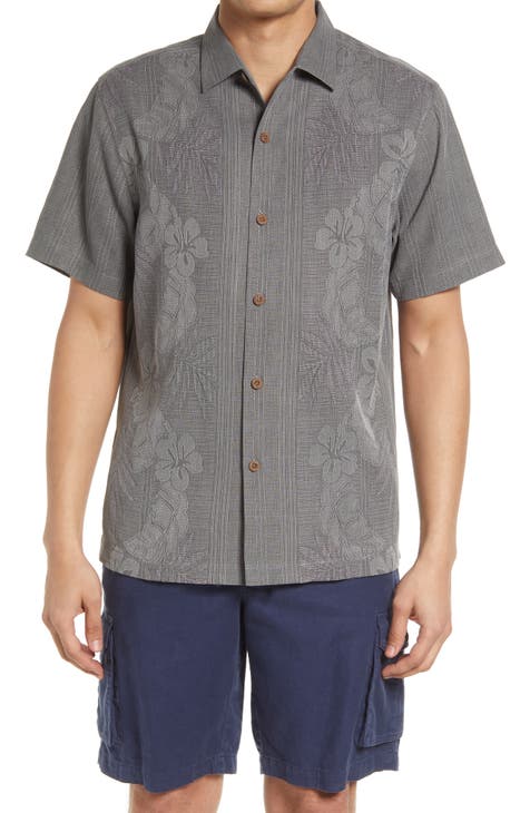 Bali Border Floral Jacquard Short Sleeve Silk Button-Up Shirt