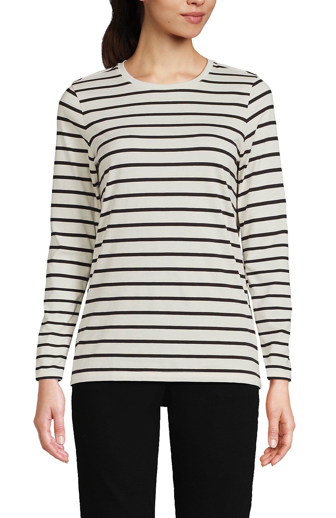 Lands' End Relaxed Supima Cotton Long Sleeve Crew Neck T-shirt In Ivory/black Breton Stripe