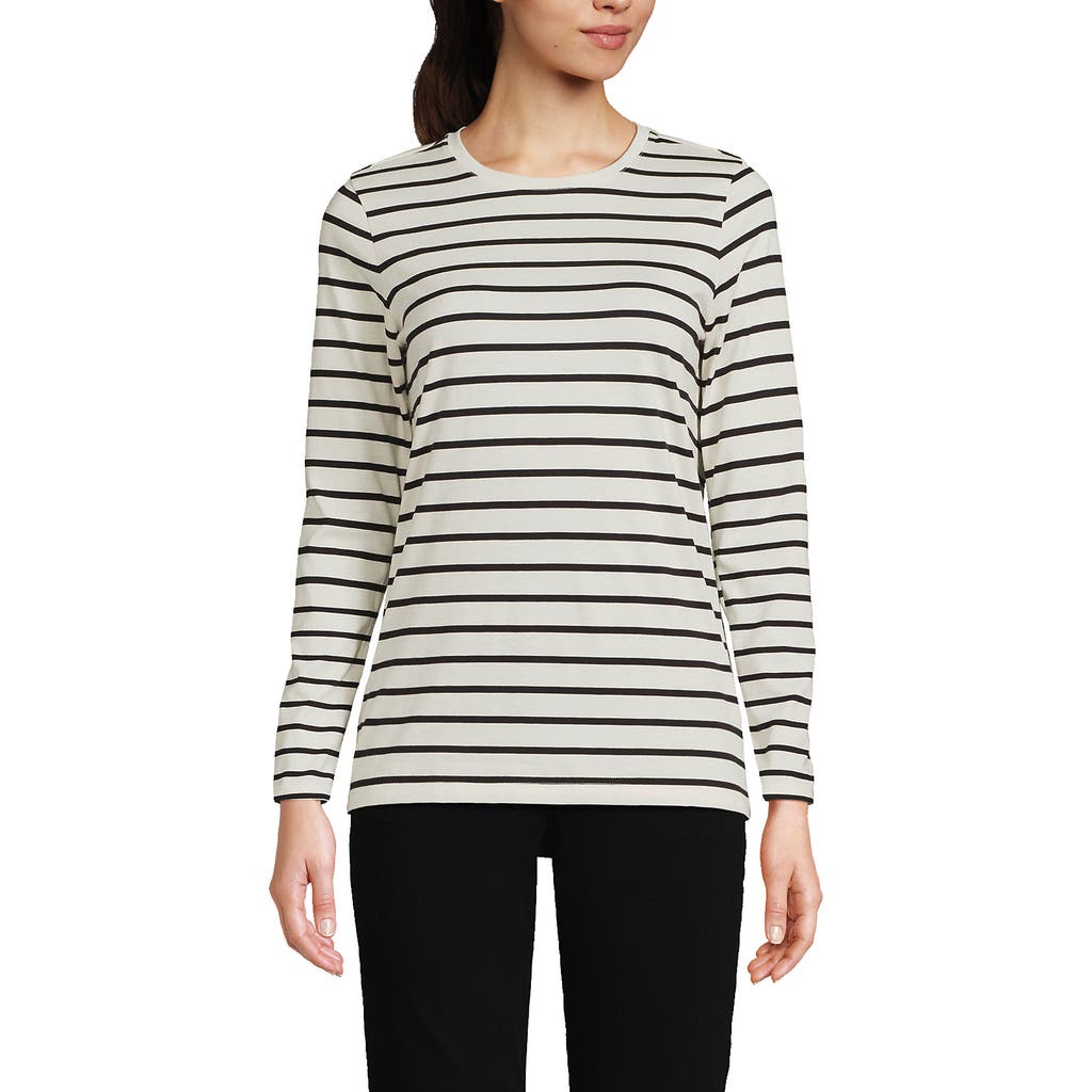 Lands' End Relaxed Supima Cotton Long Sleeve Crew Neck T-shirt In Ivory/black Breton Stripe