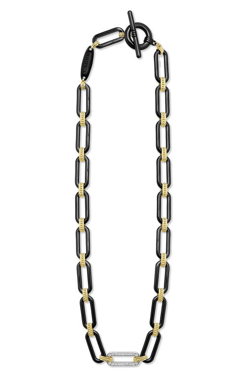 Lagos 18k Yellow & White Gold Signature Caviar Diamond & Black Ceramic Station Link Necklace, 18 In Black