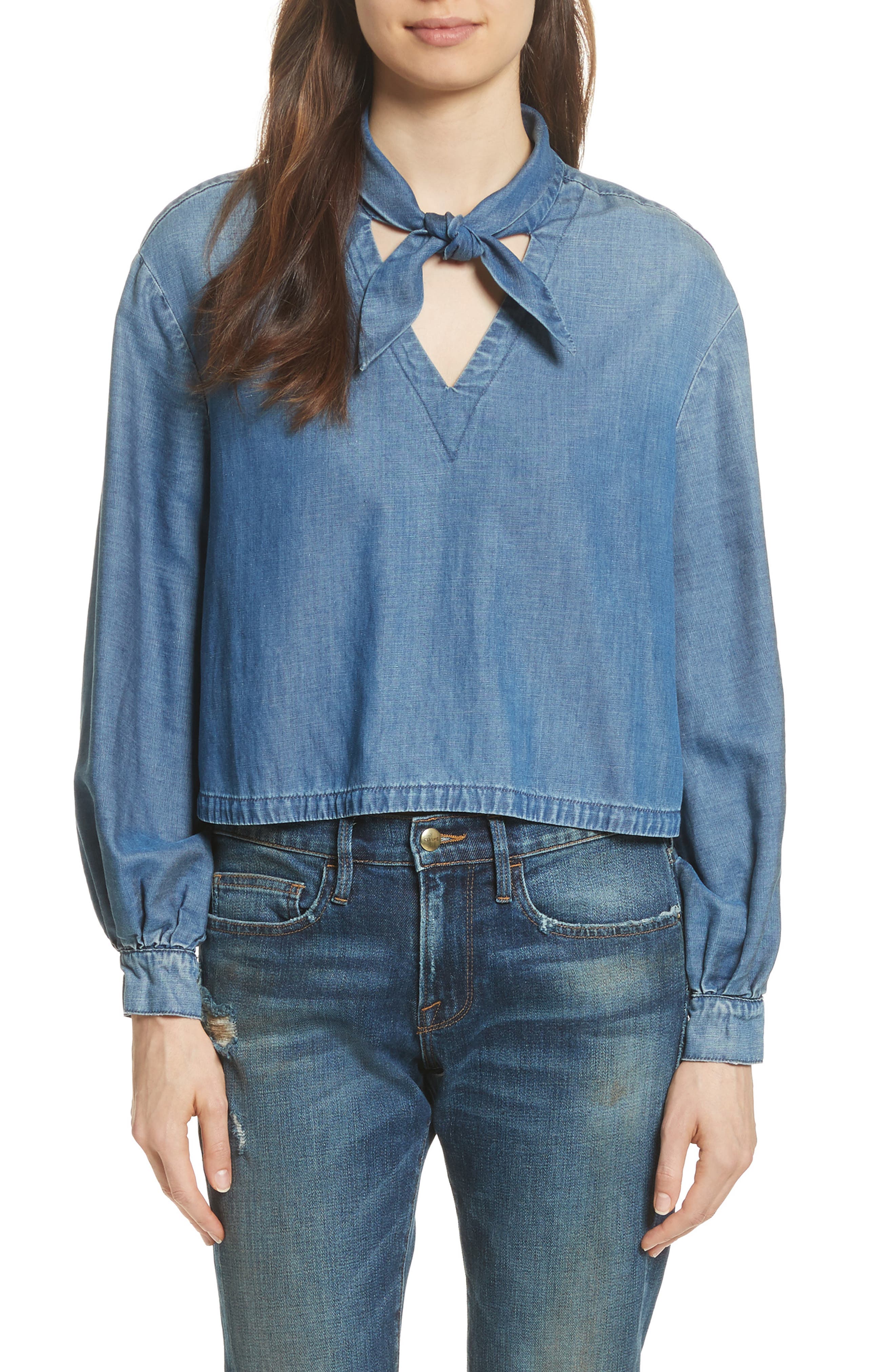 tie neck denim shirt