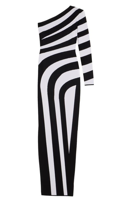 Shop Balmain Stripe One-shoulder Maxi Dress In Eab Black/white