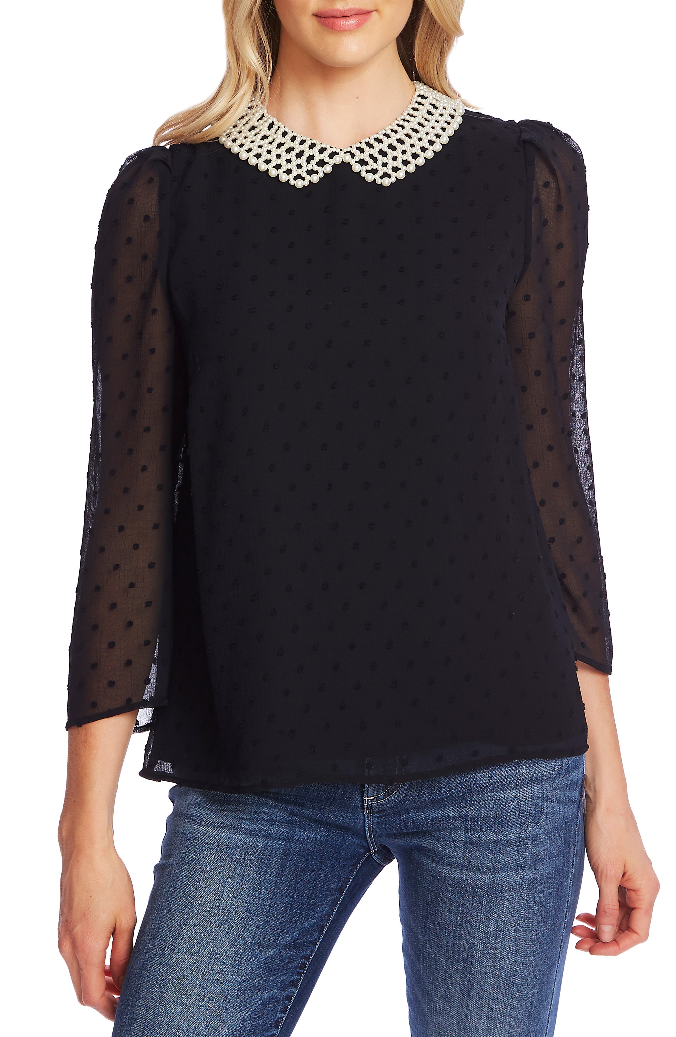 CeCe Pearled Collar Clip Dot Blouse Nordstrom