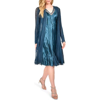 Komarov Lace Inset Charmeuse Dress With Long Sleeve Jacket, Blue