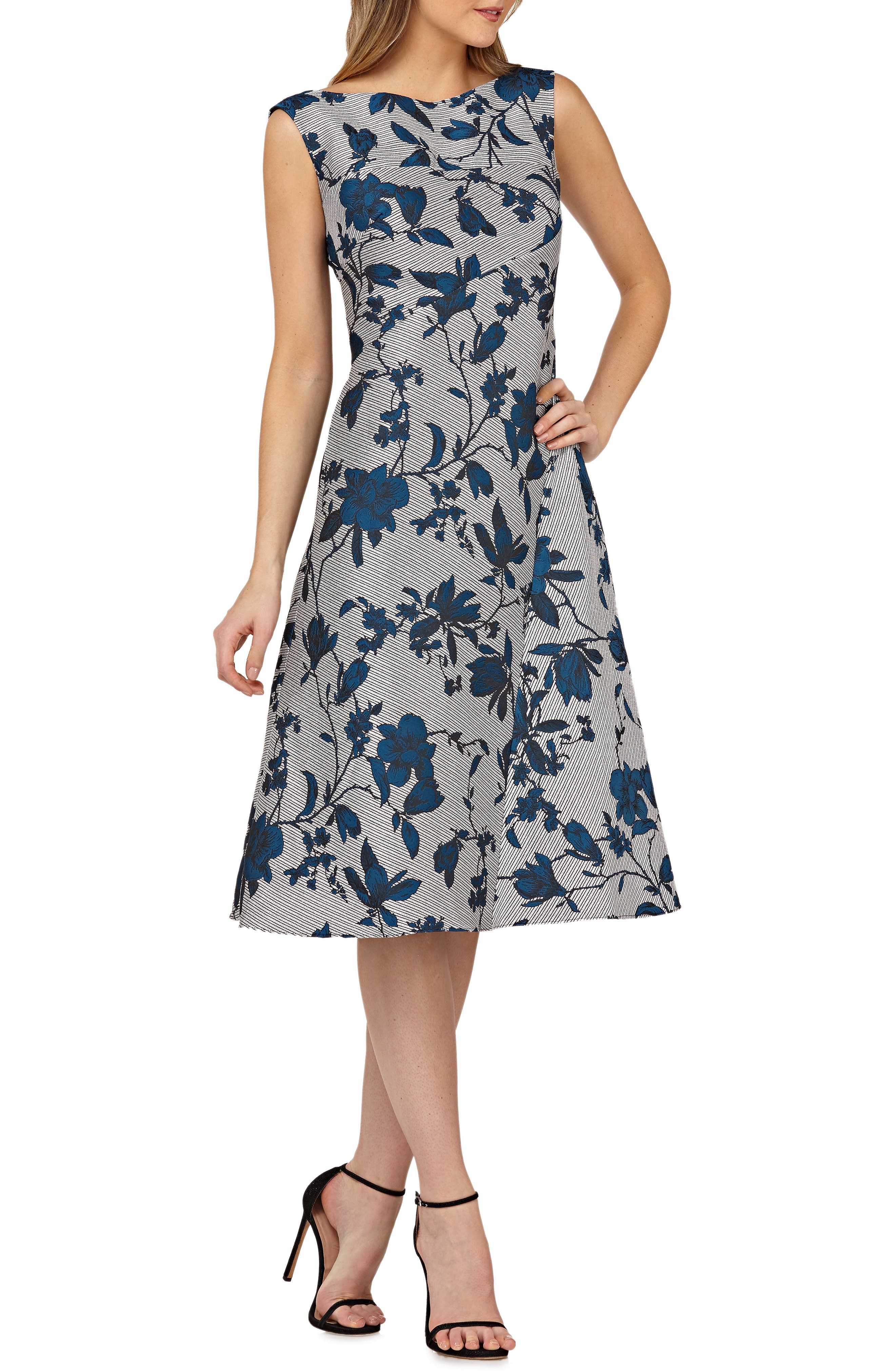 Kay Unger Bateau Neck Tea-Length Dress, Metallic