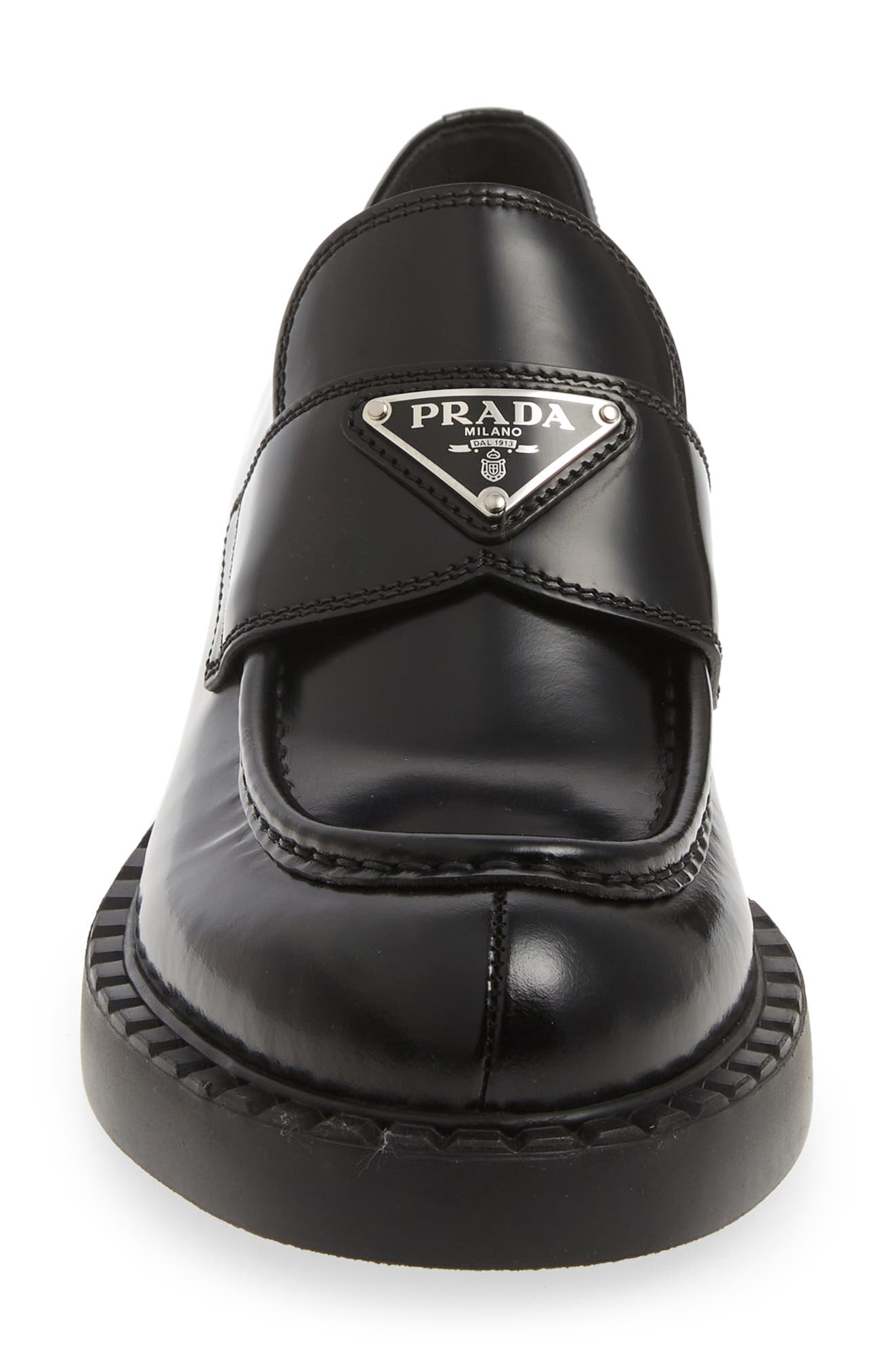 prada leather triangle logo loafers